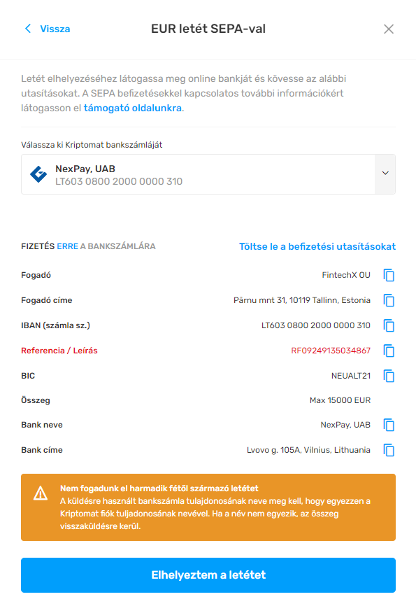 Kriptomat SEPA-Überweisung
