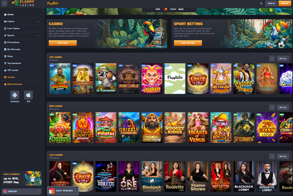 Startseite von Flappy Casino mit dem Dschungel-Design